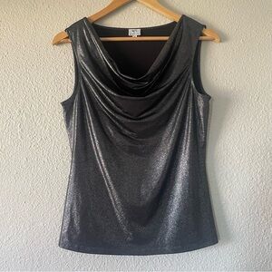 MIX by Tahari Metallic Cowl Neck Blouse Womens M Black Liquid Shimmer Sleeveless